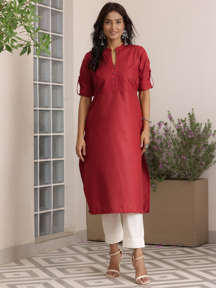 Red Solid Cotton Blend Straight Kurta