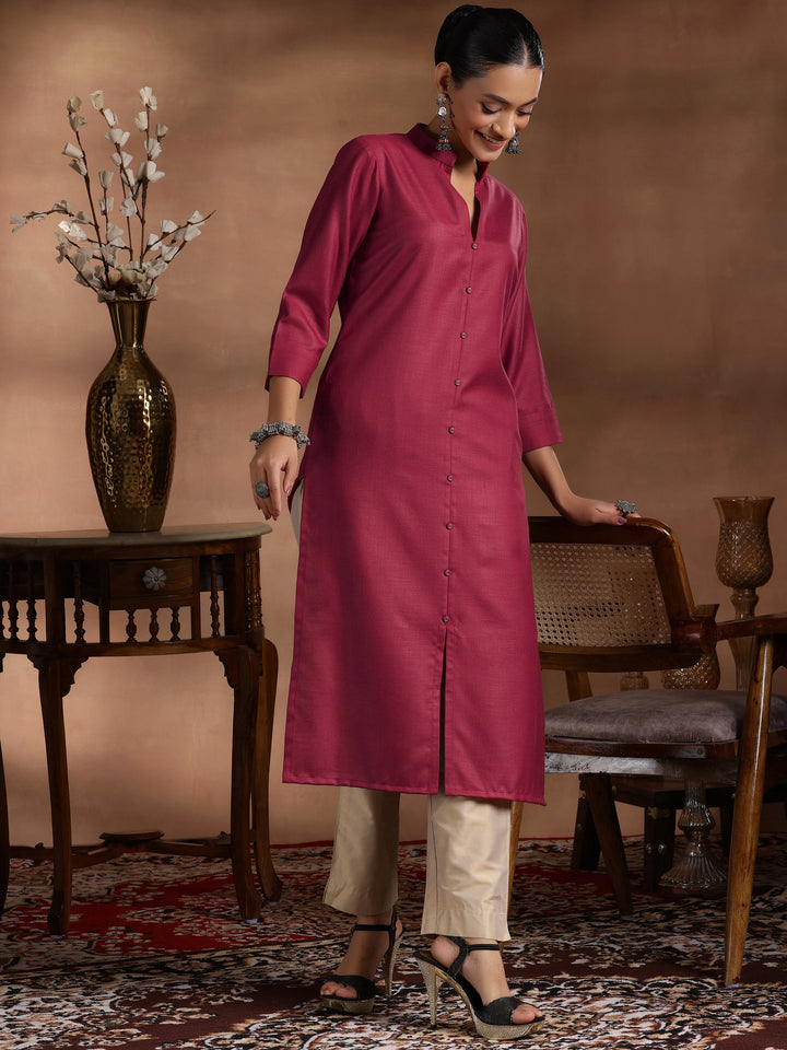 Maroon Solid Cotton Blend Straight Kurta