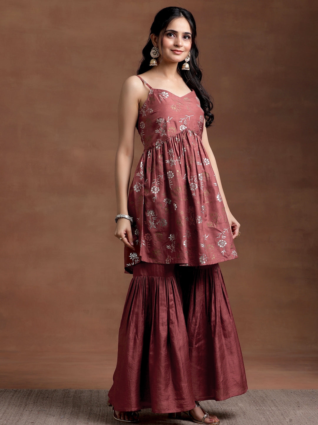 Brown Printed Silk Blend A-Line Kurta With Sharara