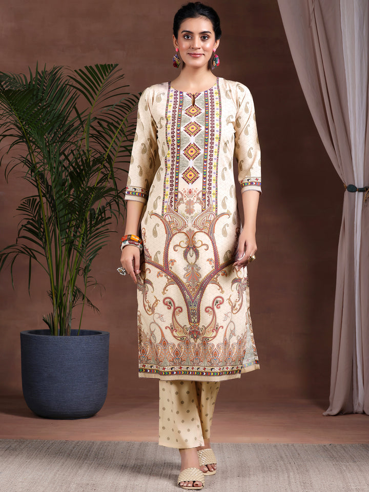 Beige Printed Poly Crepe Straight Kurta Set