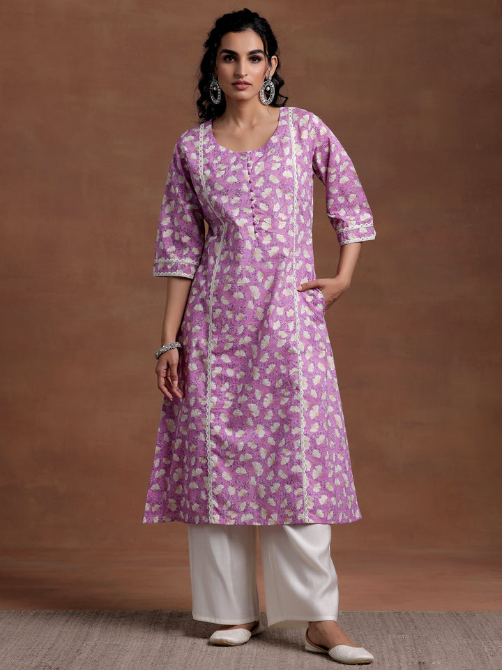 Purple Printed Cotton A-Line Kurta