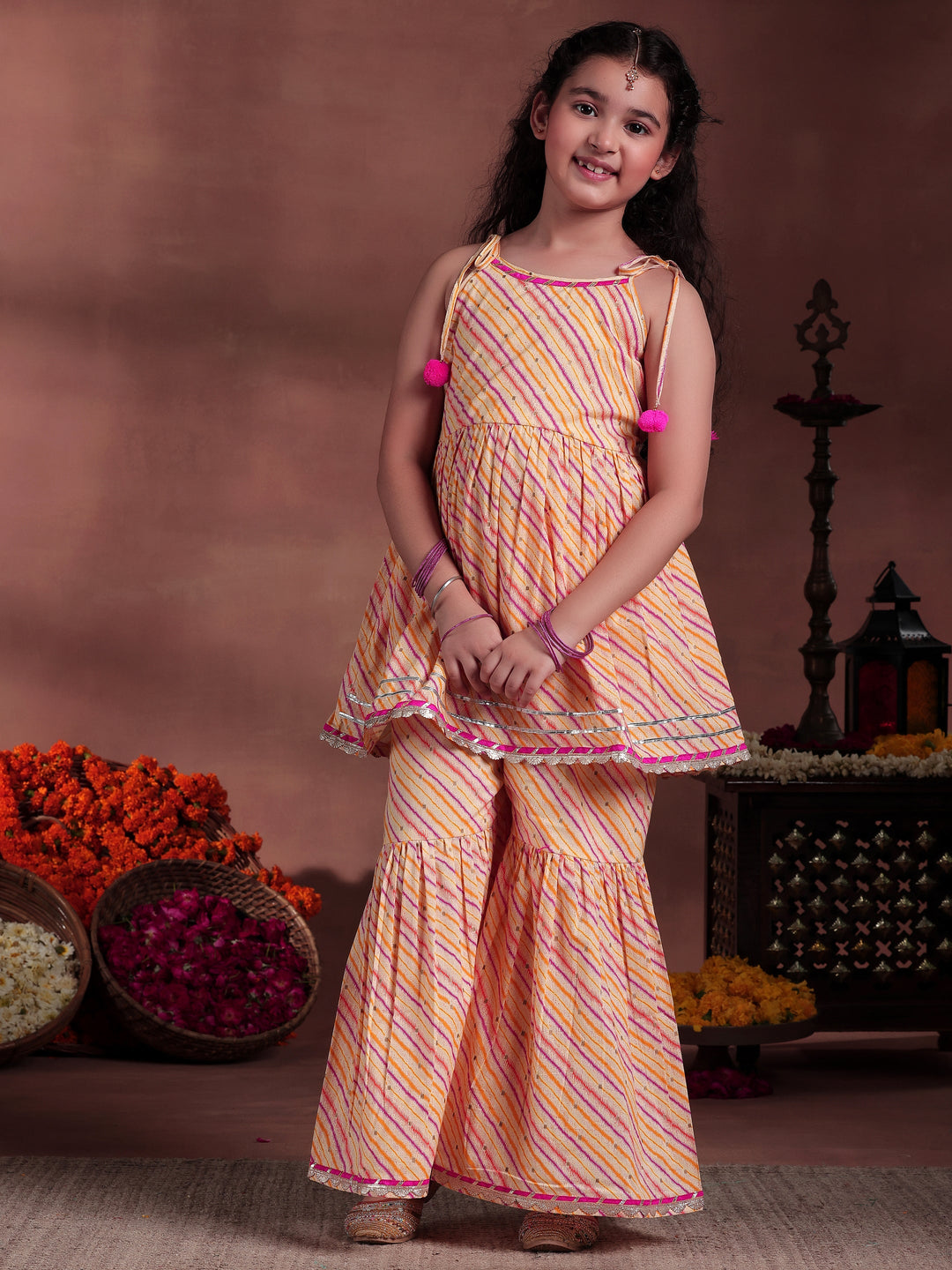 Kids Yellow Printed Cotton A-Line Kurta With Sharara