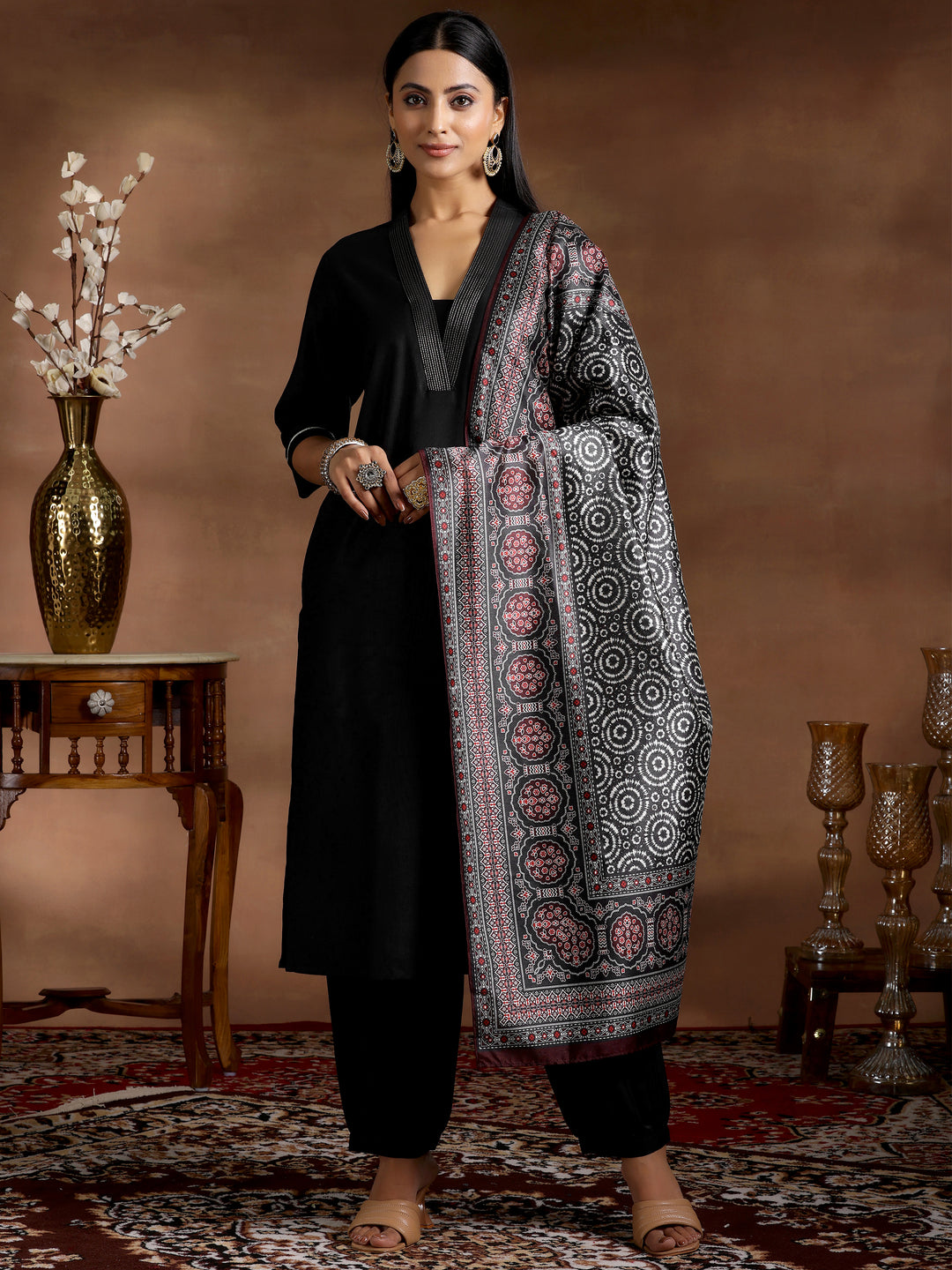 Black Solid Cotton Blend Straight Suit With Dupatta