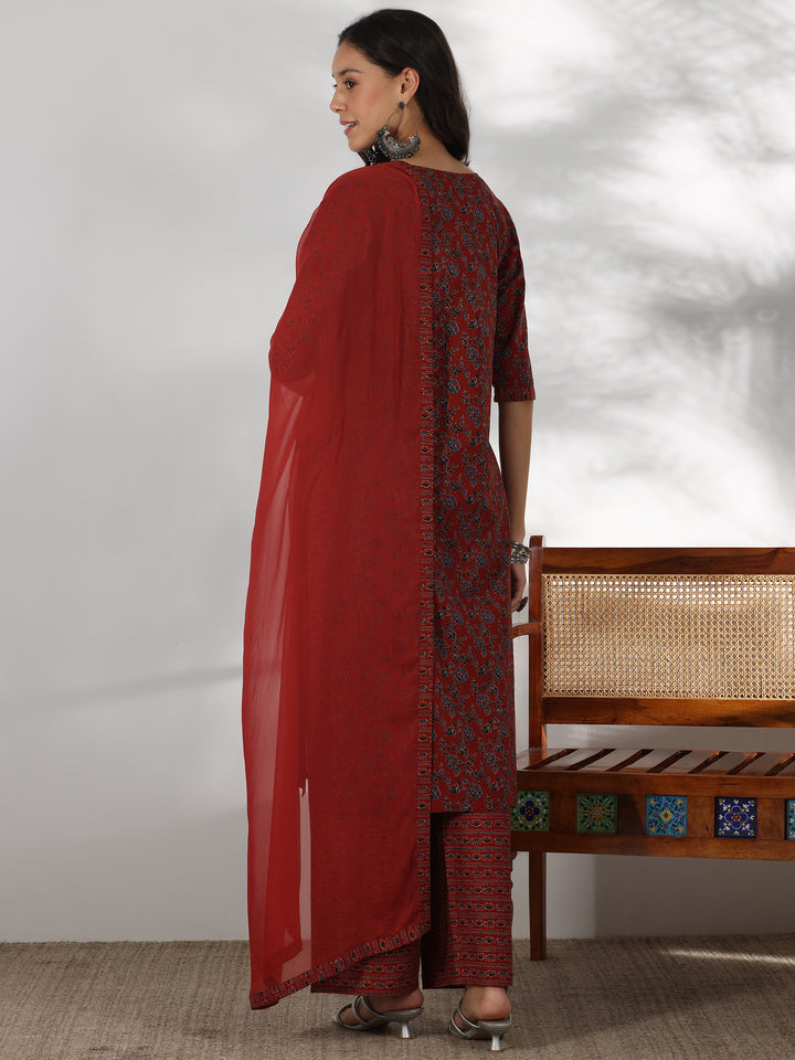 Rust Printed Cotton Straight Suit With Dupatta