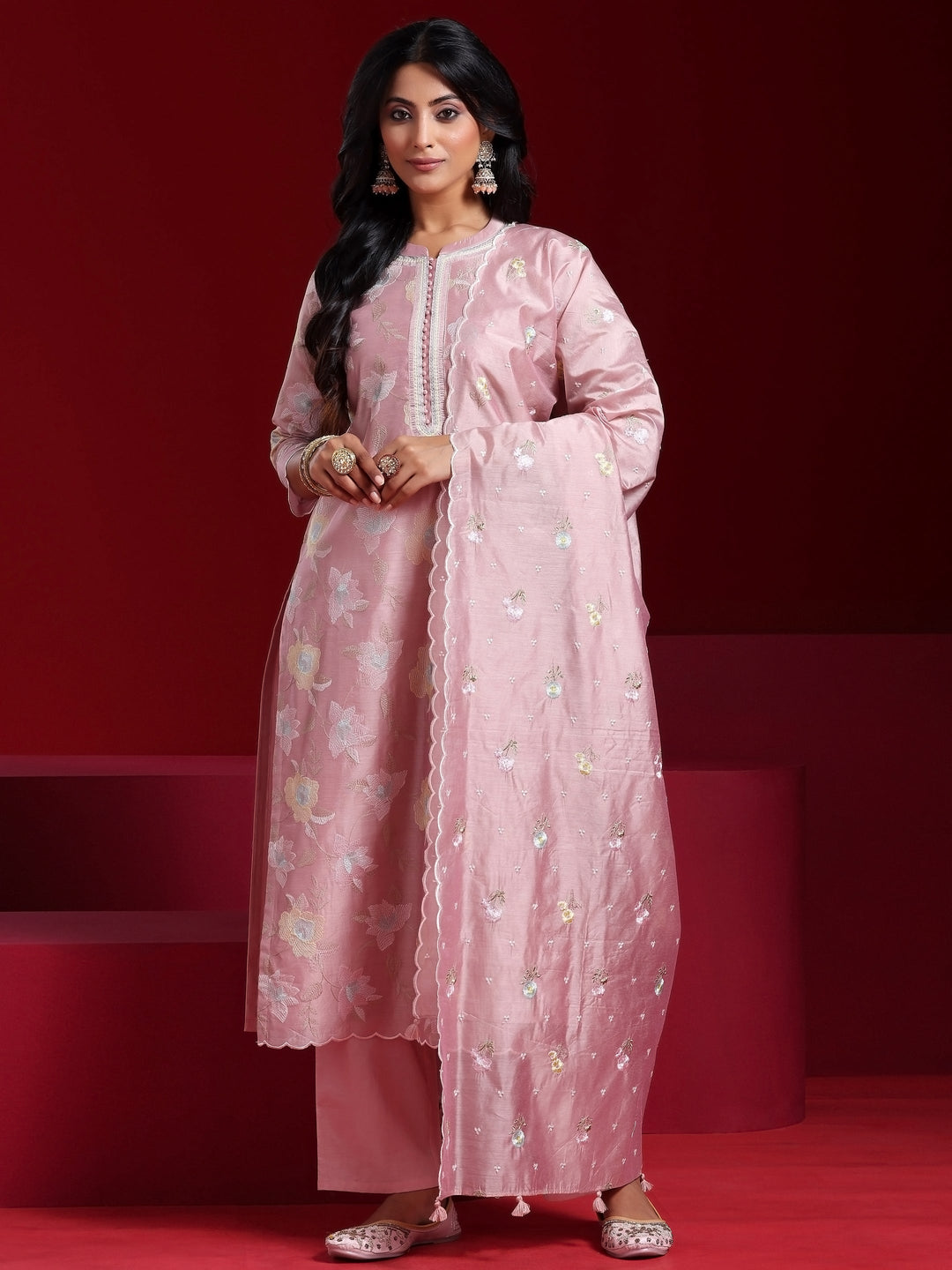 Libas Art Pink Embroidered Chanderi Silk Straight Suit With Dupatta