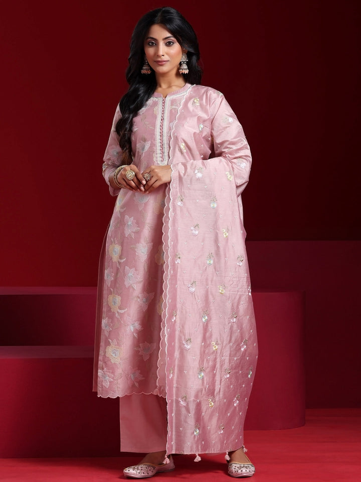 Libas Art Pink Embroidered Chanderi Silk Straight Suit With Dupatta