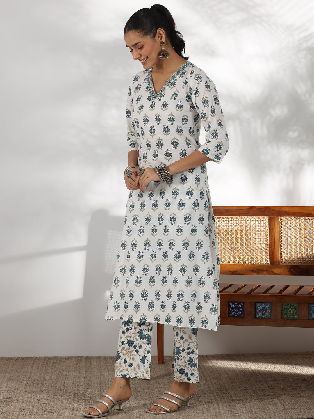 White Printed Cotton Straight Suit With Dupatta