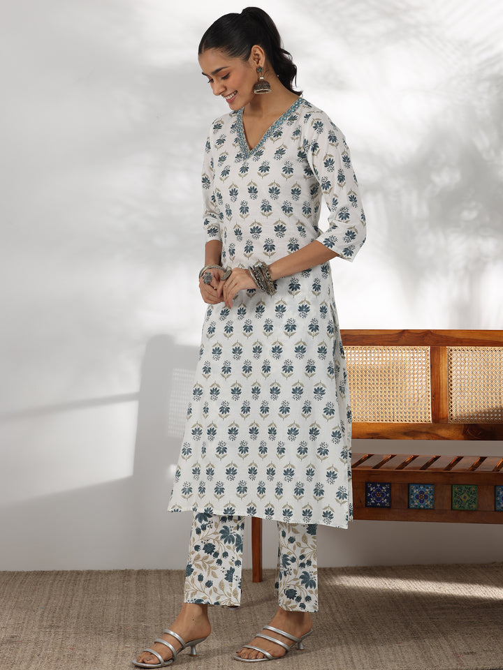 White Printed Cotton Straight Suit With Dupatta