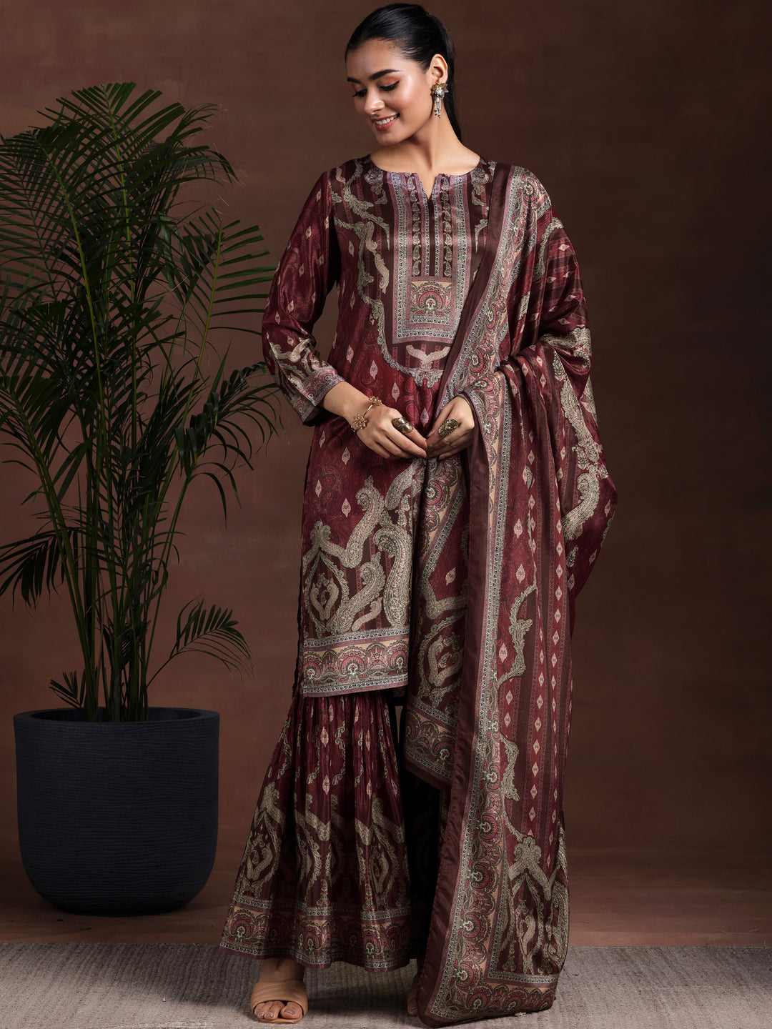 Brown Printed Silk Blend Straight Suit With Dupatta