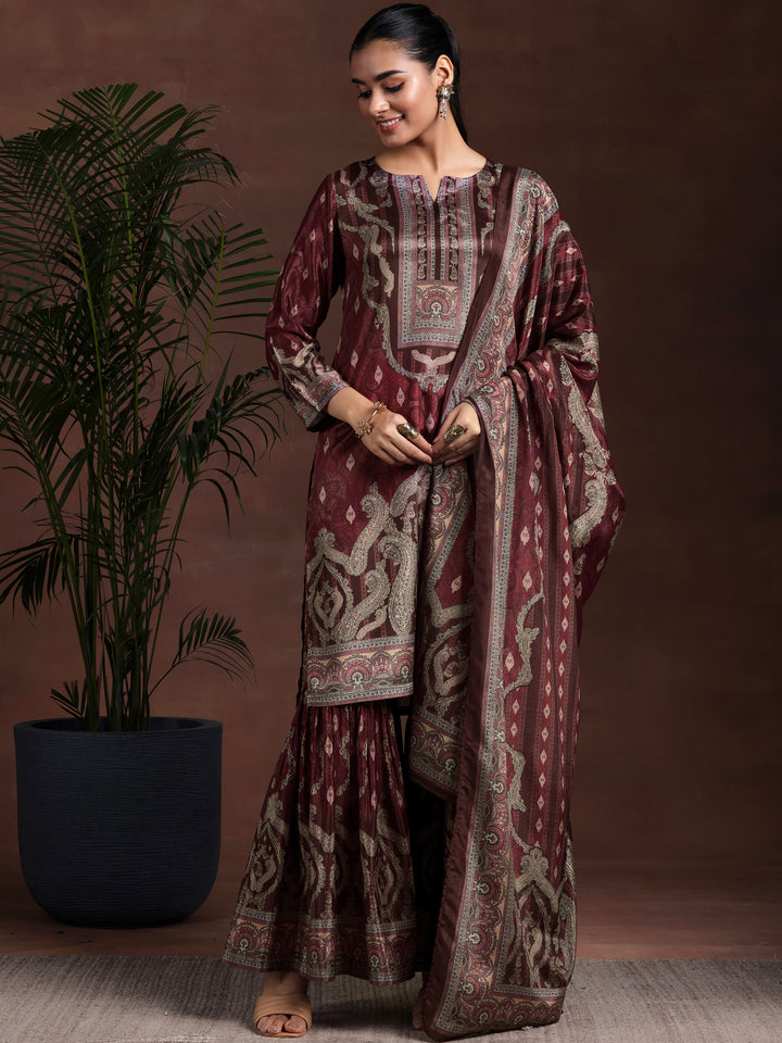 Brown Printed Silk Blend Straight Suit With Dupatta