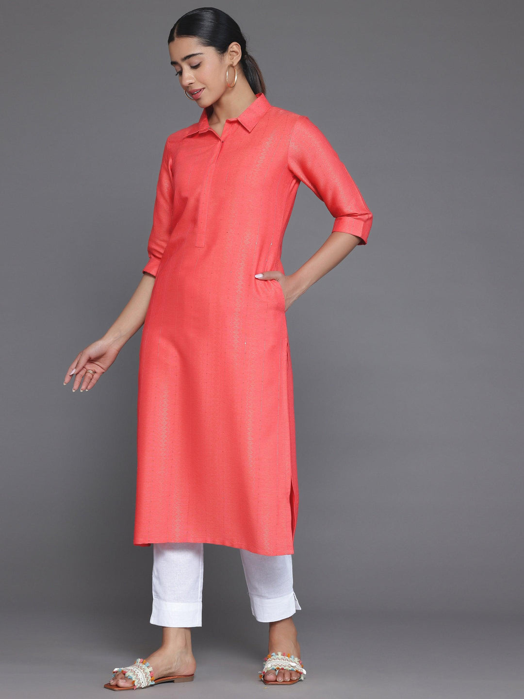 Coral Woven Design Cotton Straight Kurta