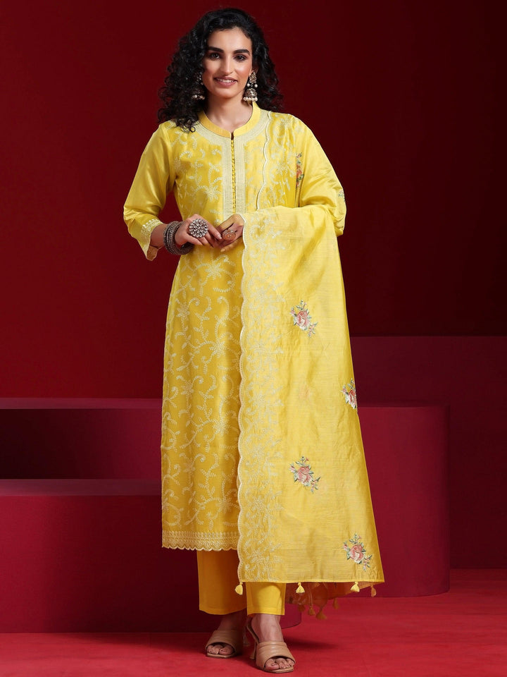 Libas Art Yellow Embroidered Chanderi Silk Straight Suit With Dupatta