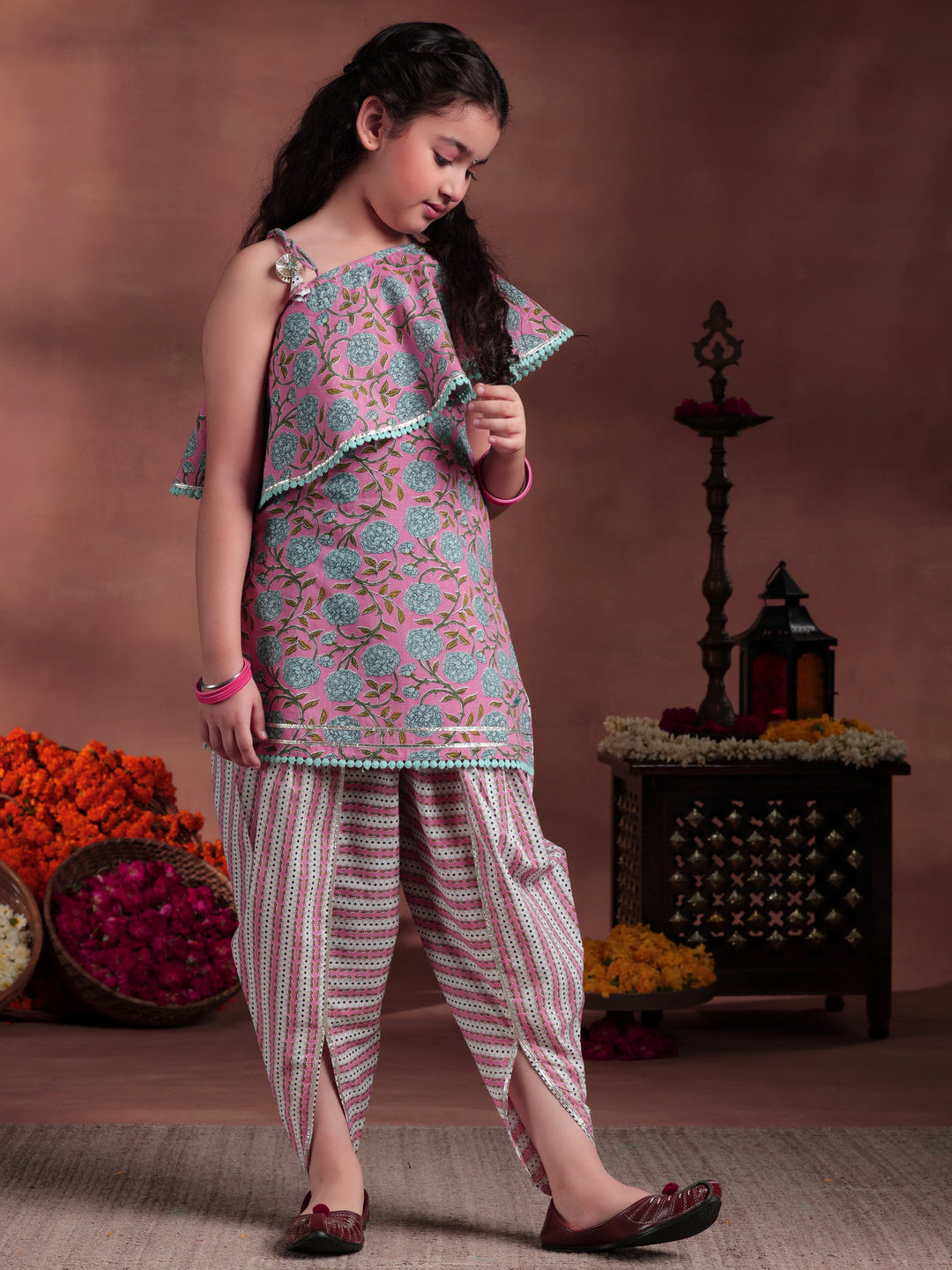 Kids Pink Printed Cotton Straight Kurta With Dhoti Pants & Dupatta