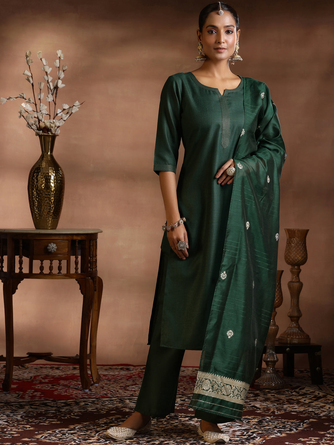 Green Solid Cotton Blend Straight Suit With Dupatta