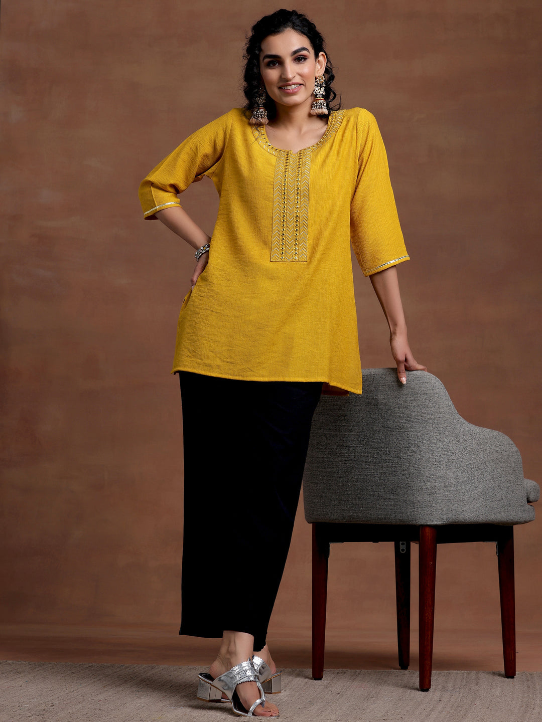 Mustard Self Design Cotton Blend Kurti
