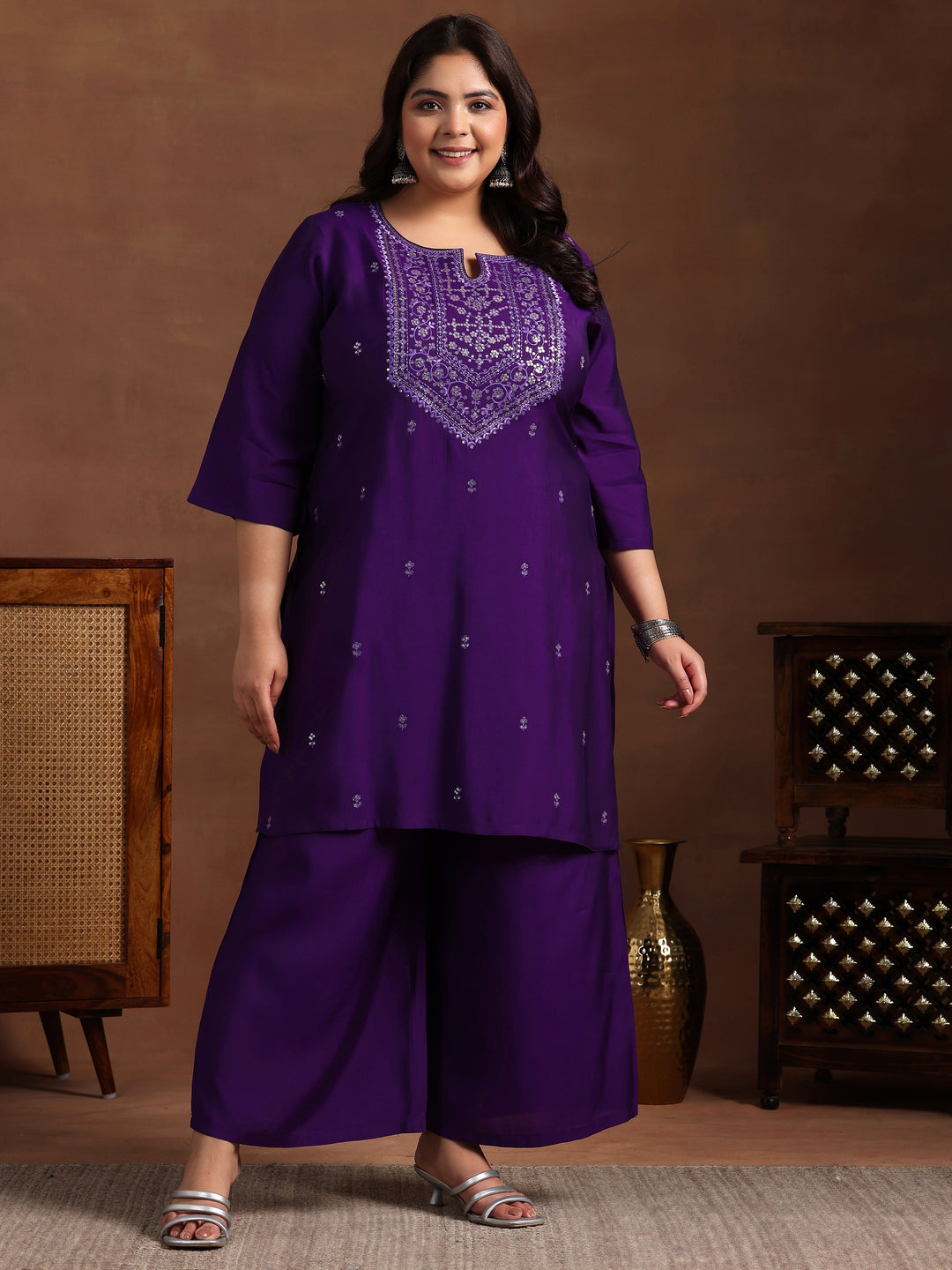 Plus Size Purple Yoke Design Silk Blend Straight Kurta Set