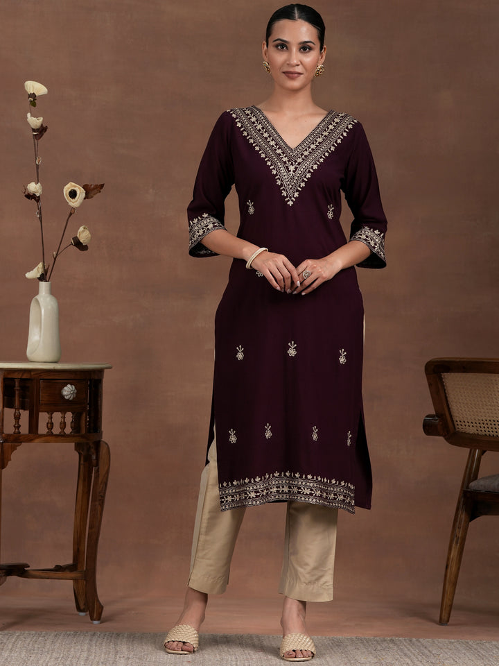 Wine Embroidered Rayon Straight Kurta