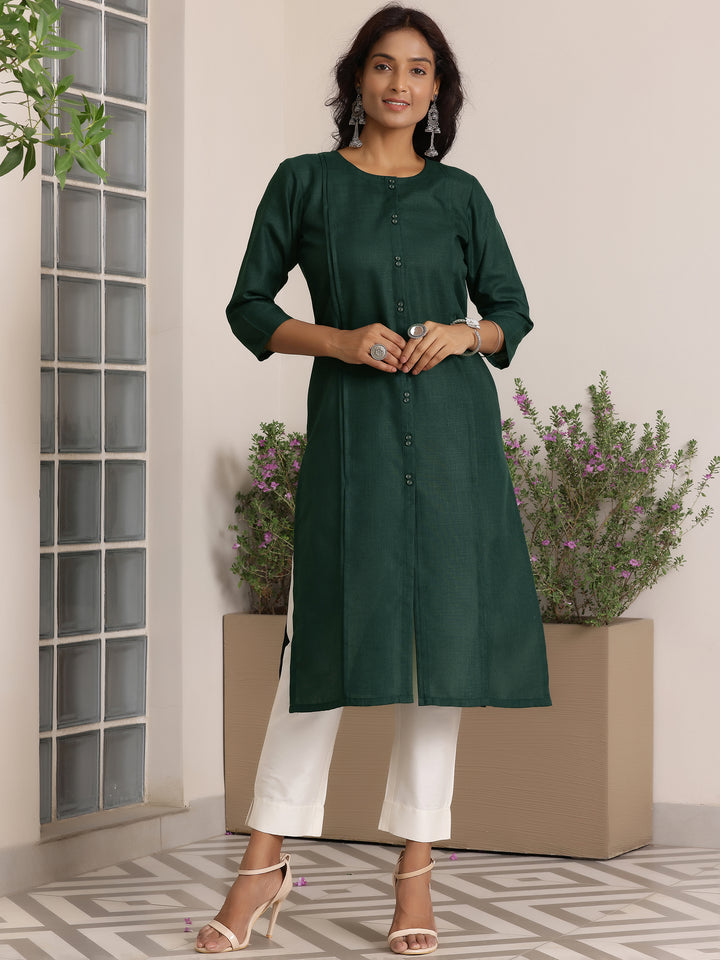 Green Solid Cotton Blend Straight Kurta