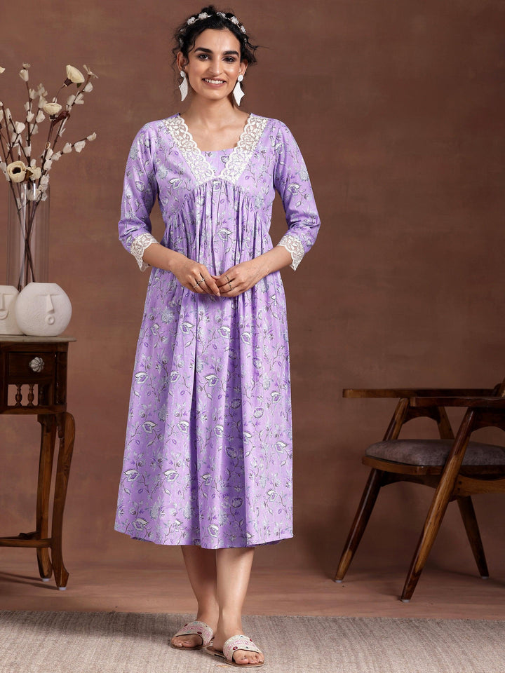 Lavender Printed Cotton Fit and Flare Dress