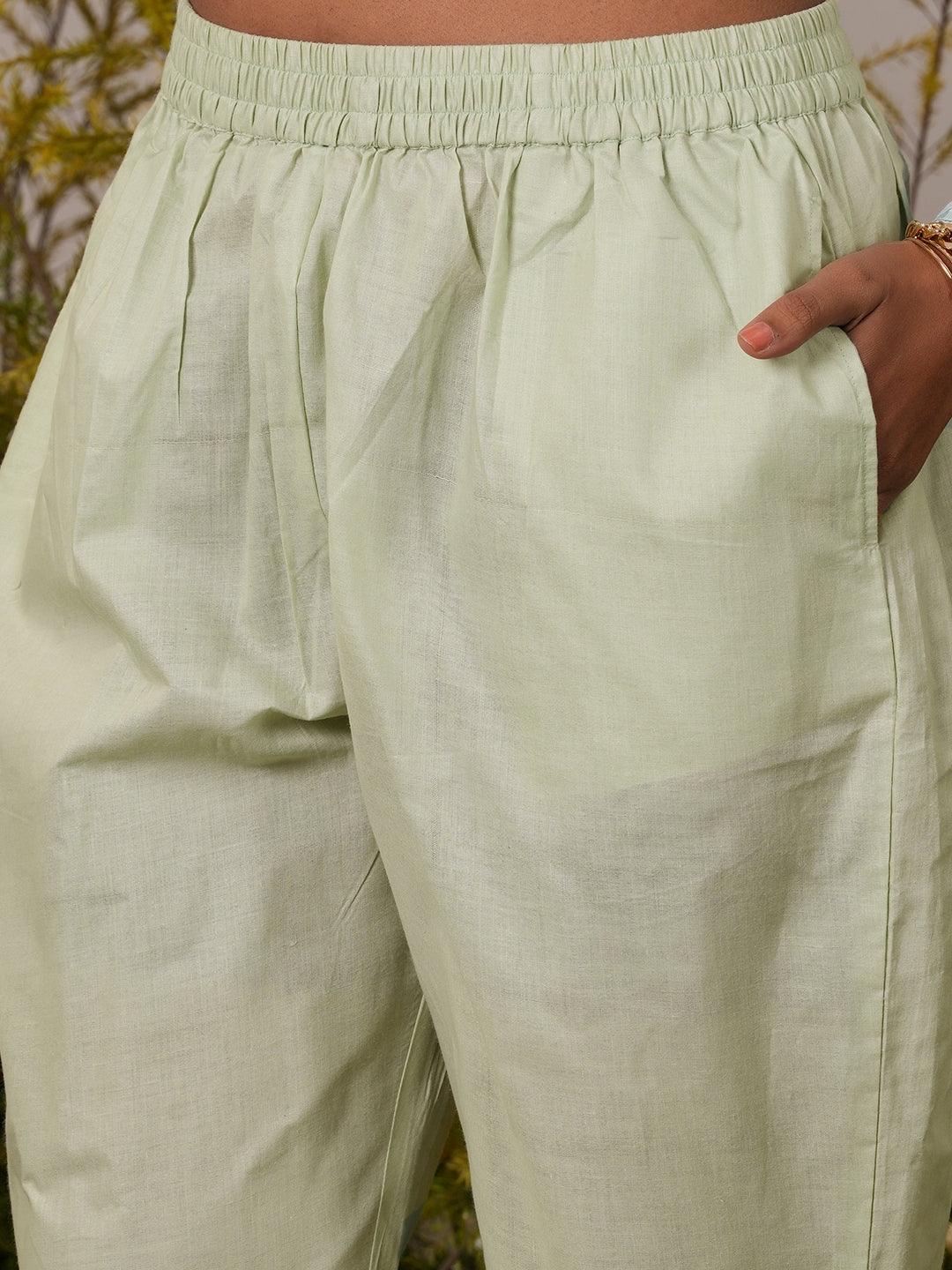 Green Printed Cotton Blend Straight Suit With Dupatta