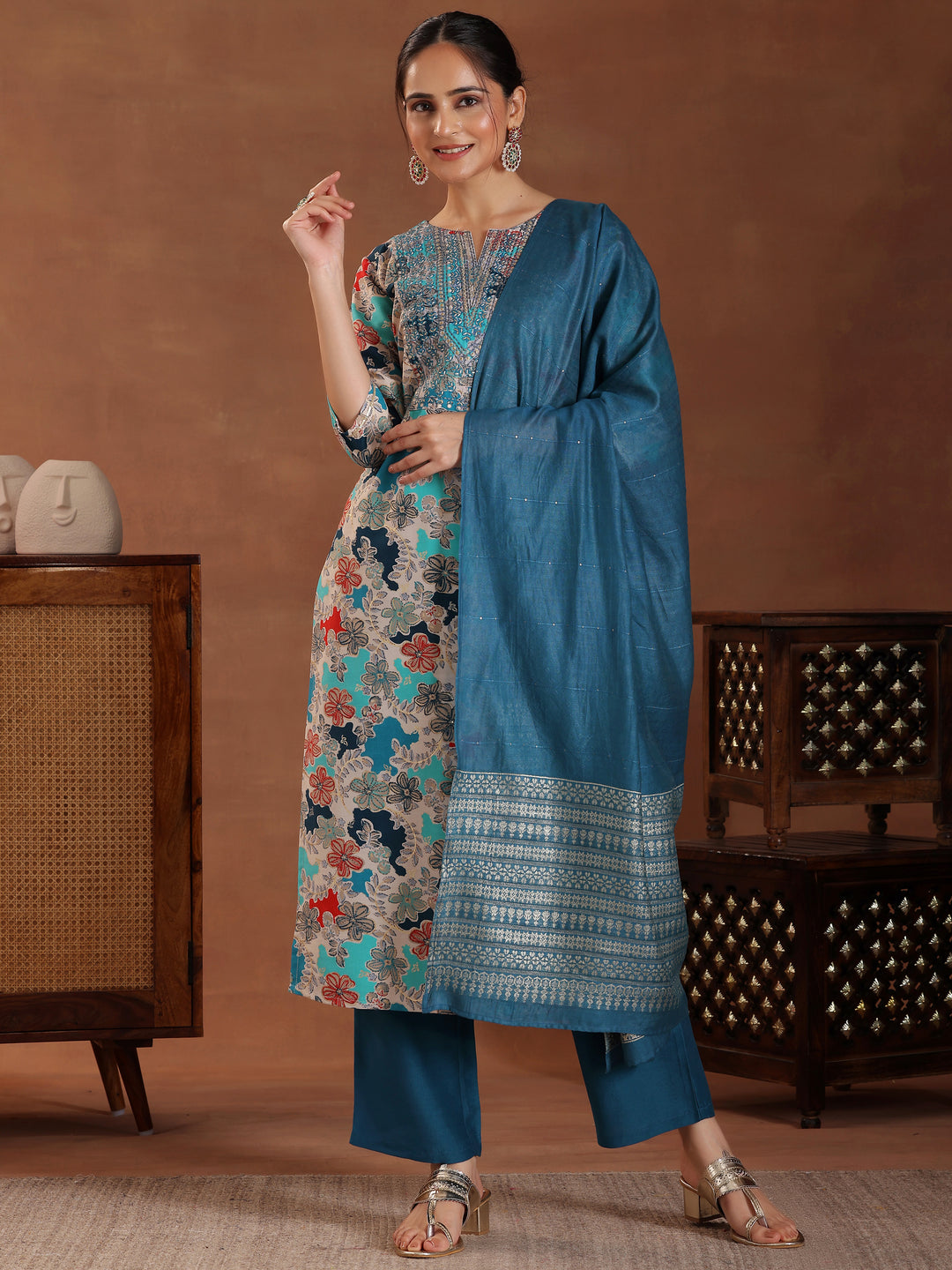 Blue Printed Silk Blend Straight Suit With Dupatta