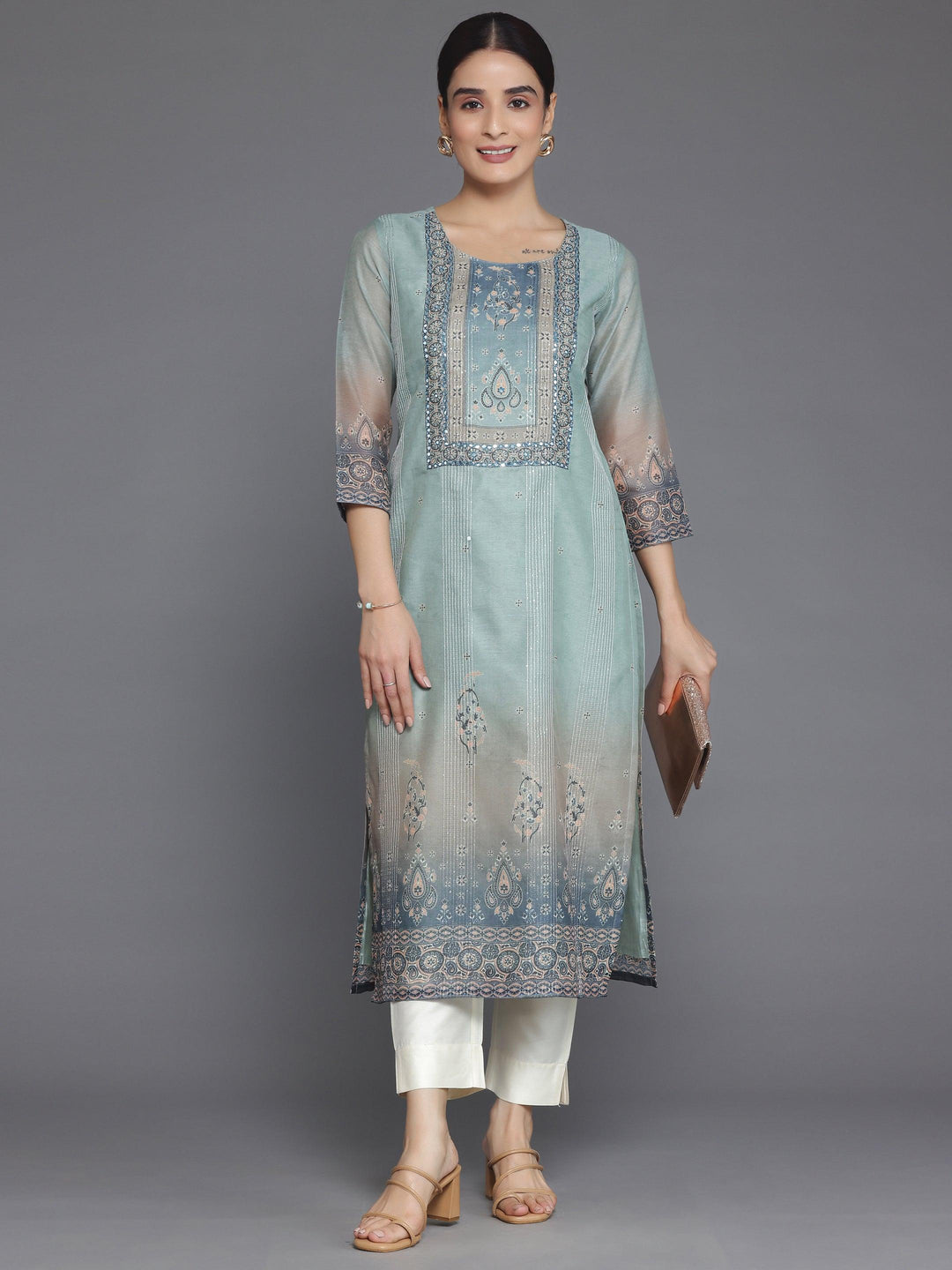 Grey Embellished Chanderi Silk Straight Kurta