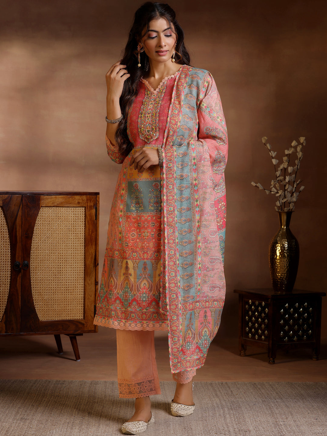 Peach Printed Cotton Blend Straight Suit With Dupatta