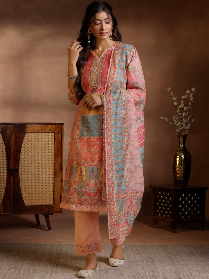 Peach Printed Cotton Blend Straight Suit With Dupatta