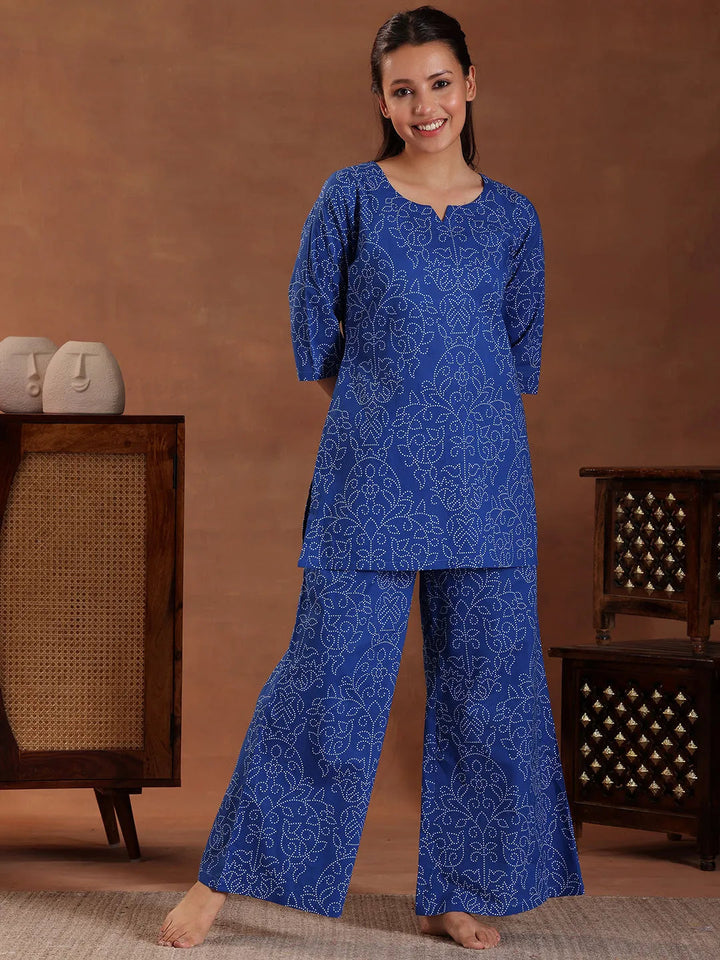 Blue Printed Cotton Night Suit
