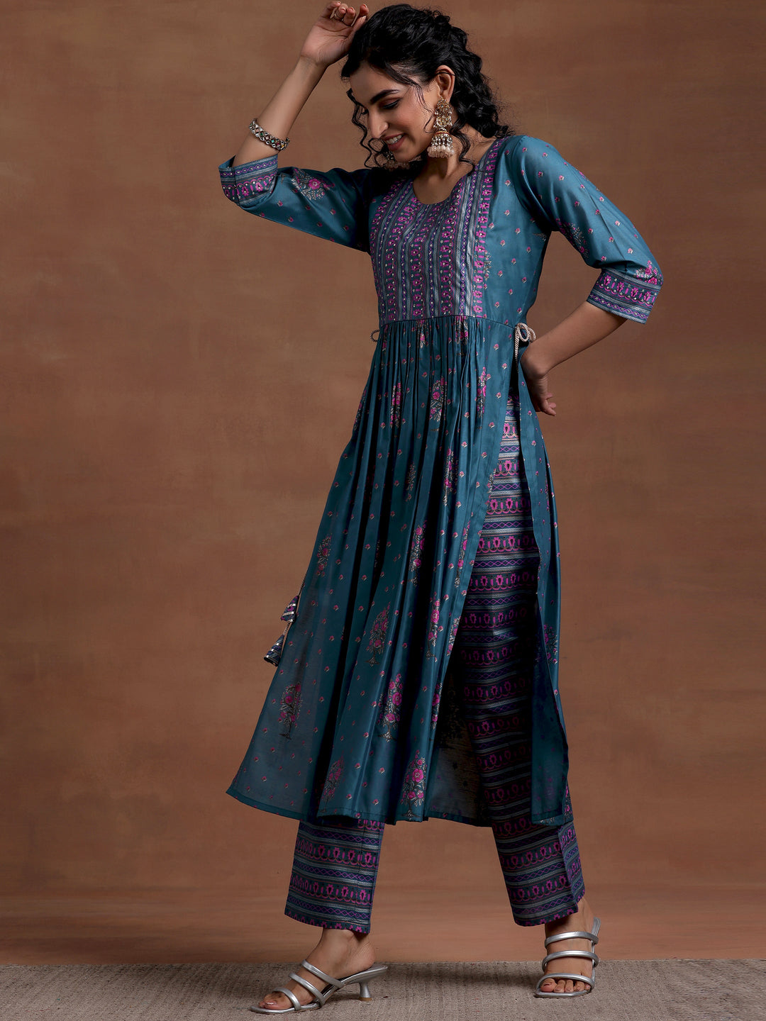 Blue Printed Silk Blend A-Line Kurta With Palazzos & Dupatta