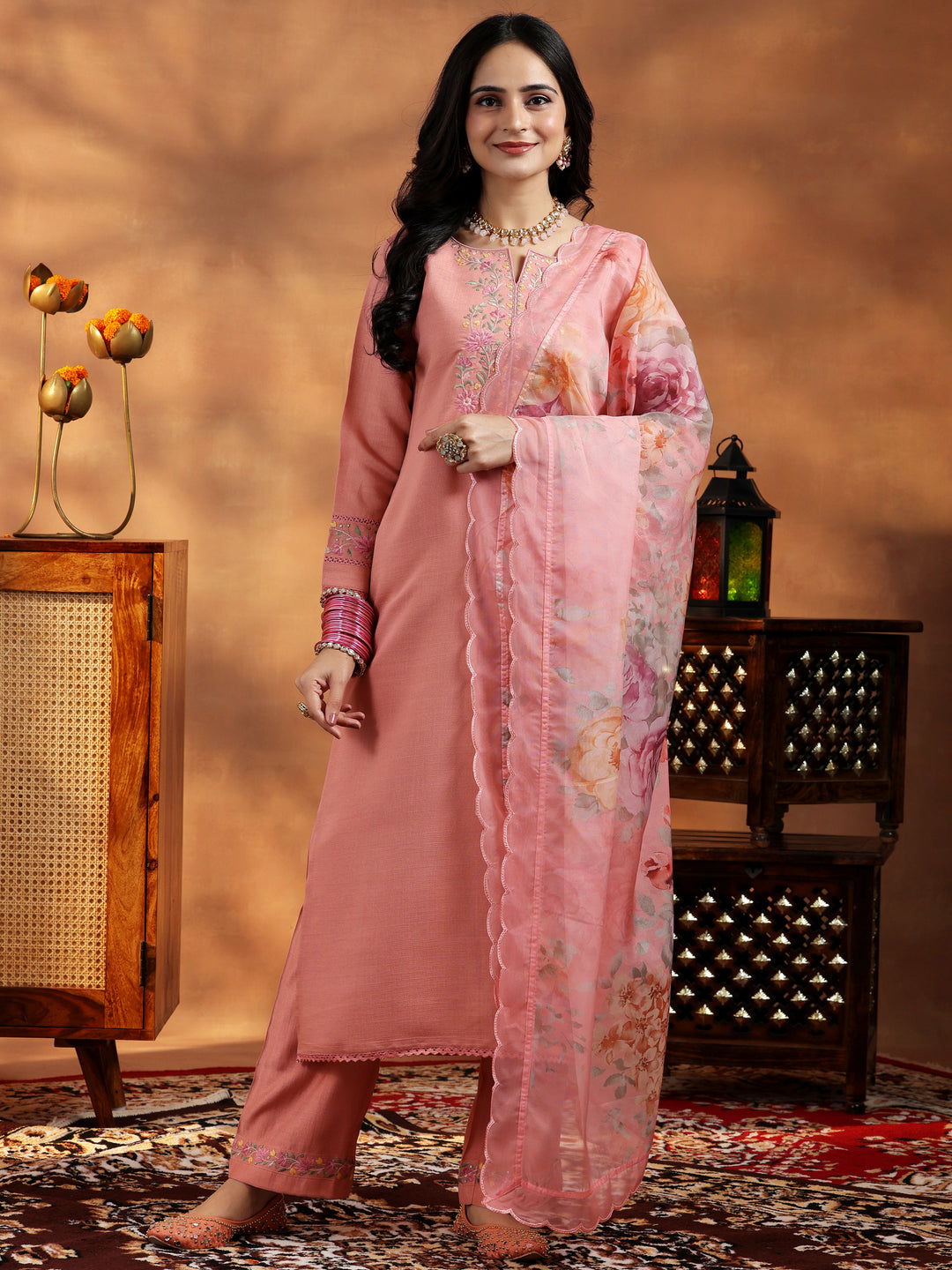 Peach Yoke Design Silk Blend Straight Suit With Dupatta