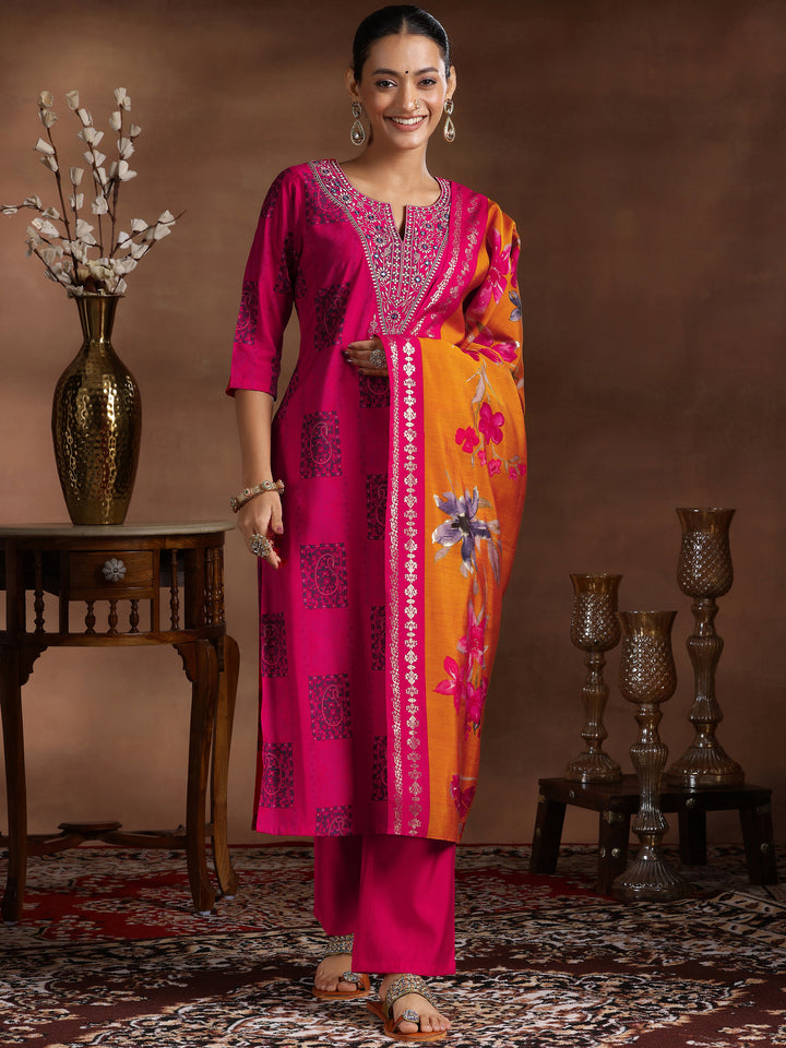 Pink Printed Silk Blend Straight Suit With Dupatta