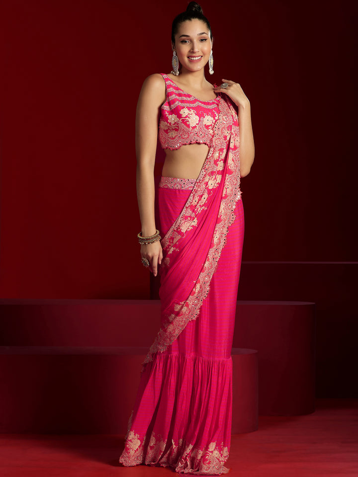 Libas Art Pink Embellished Chinnon Saree