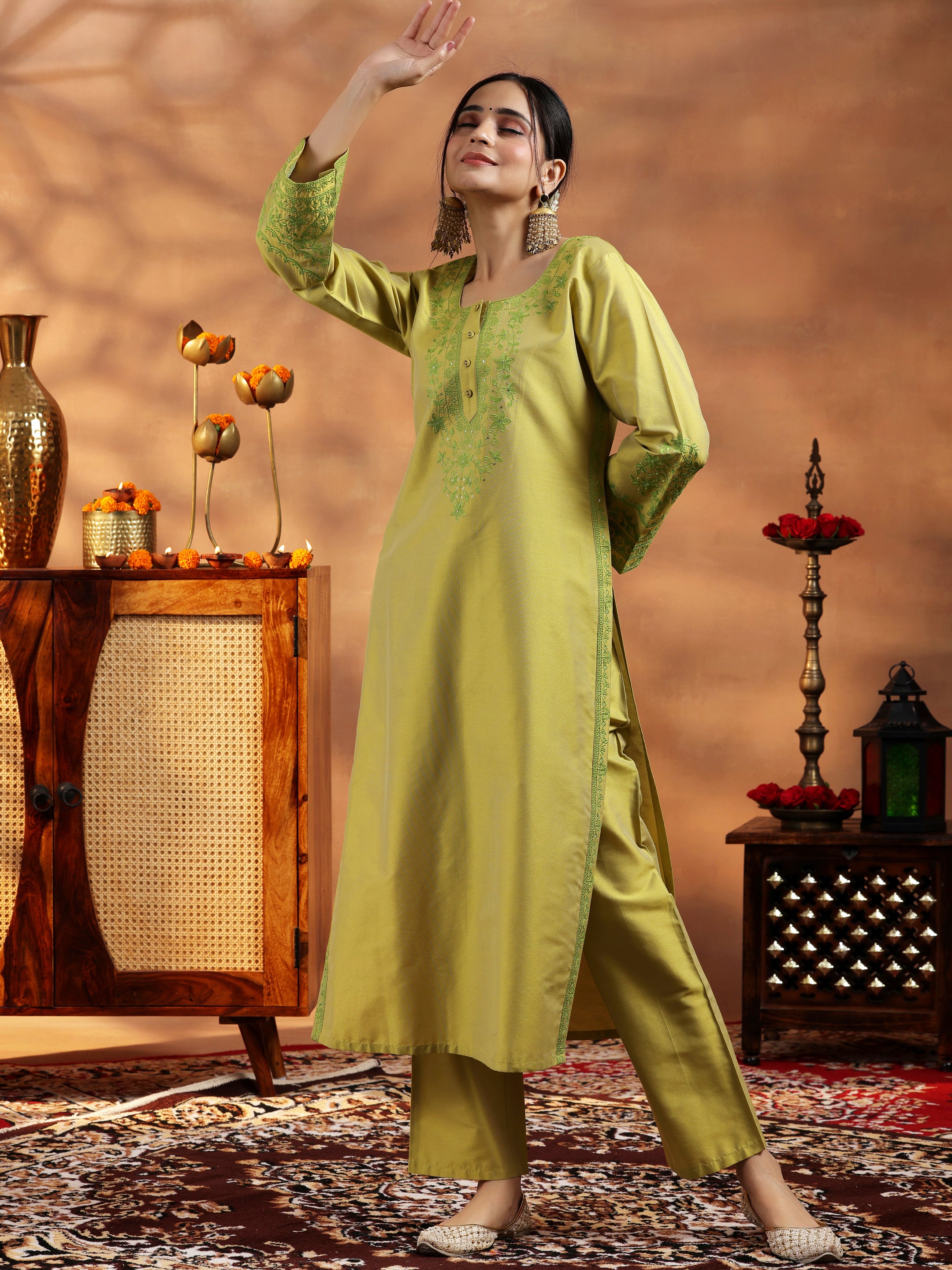 Sea Green Embroidered Silk Blend Straight Kurta Trousers Set
