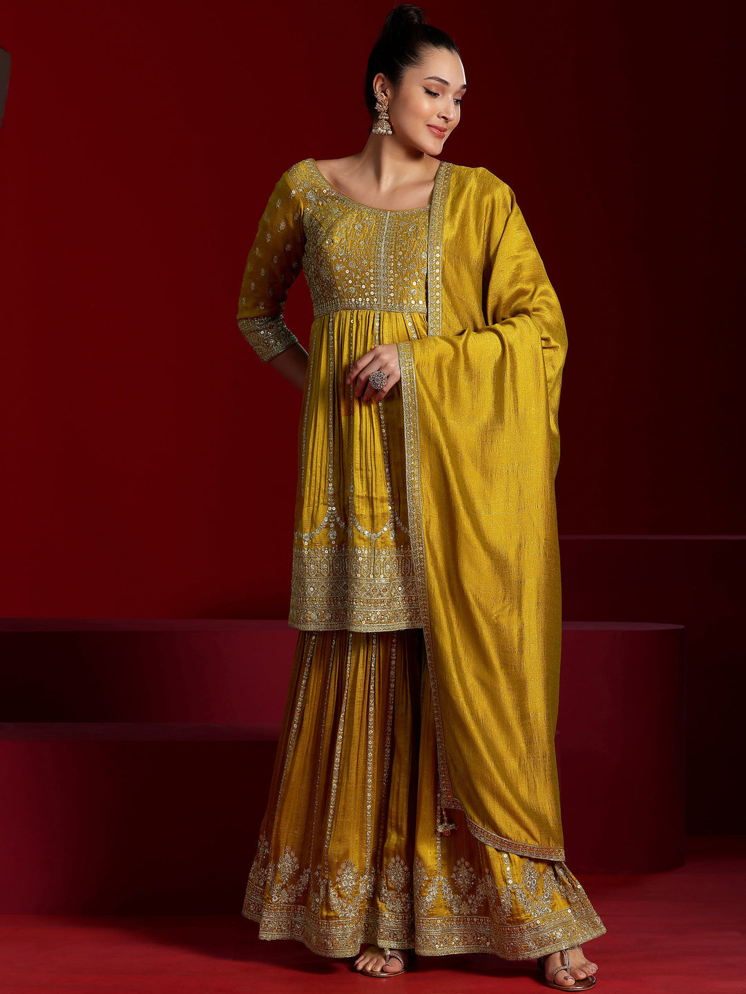 Libas Art Mustard Embroidered Silk Blend Straight Suit With Dupatta