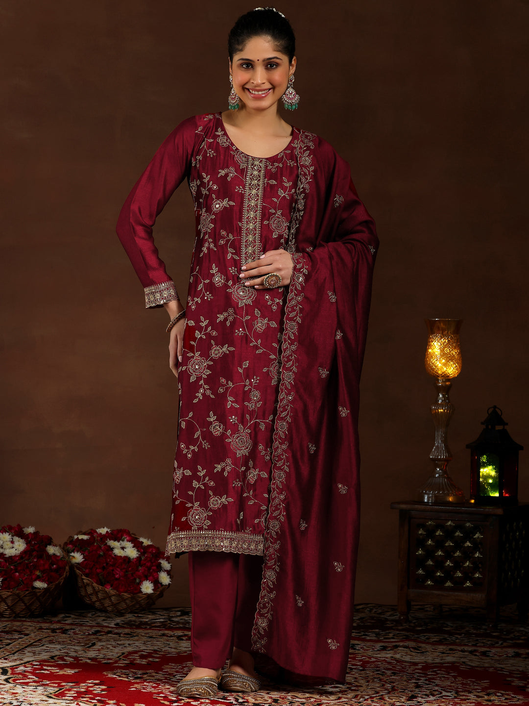 Maroon Embroidered Silk Blend Straight Suit With Dupatta