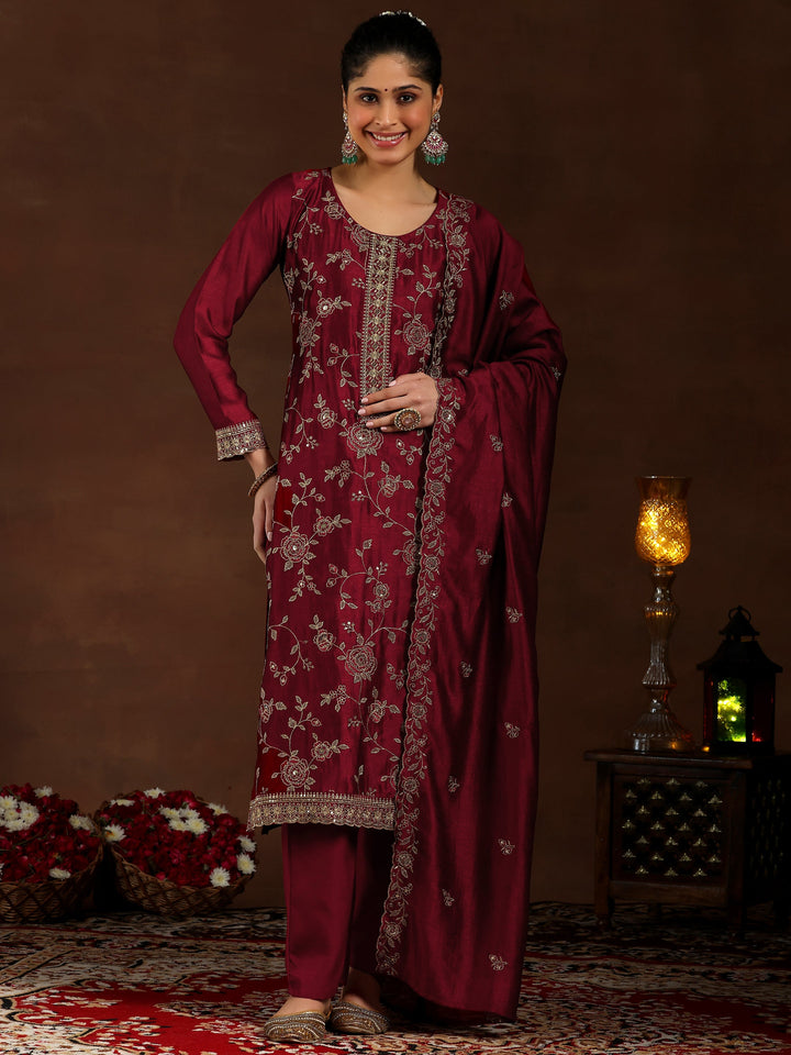 Maroon Embroidered Silk Blend Straight Suit With Dupatta