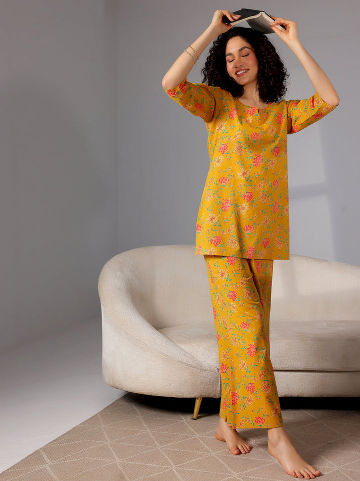 Mustard Printed Cotton Night Suits