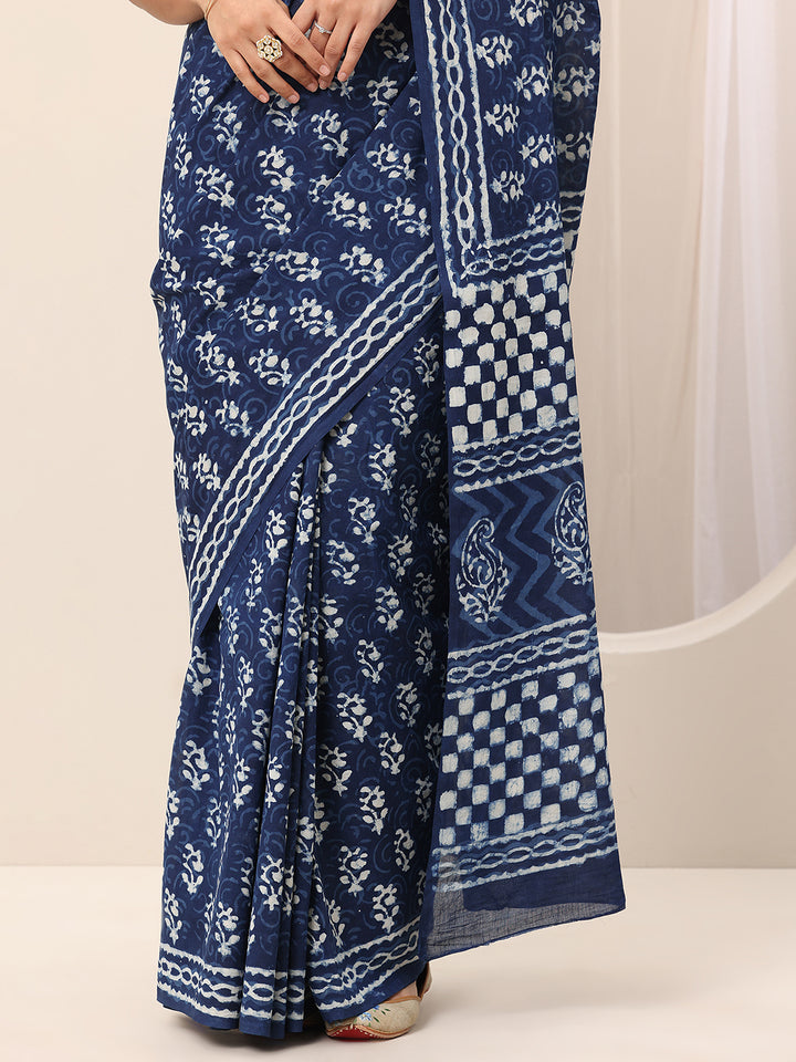 Indigo Printed Cotton Saree With Unstitched Blouse Piece