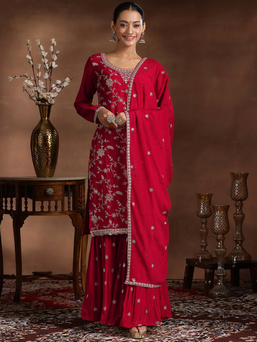Red Embroidered Silk Blend Straight Suit With Dupatta