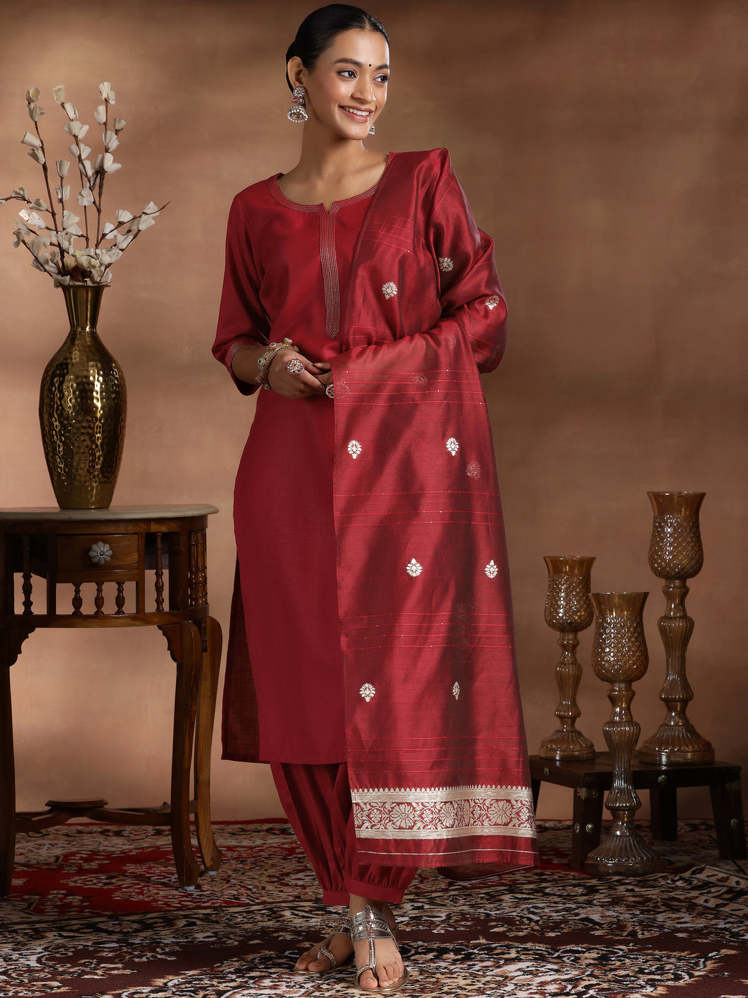 Maroon Solid Cotton Blend Straight Suit With Dupatta