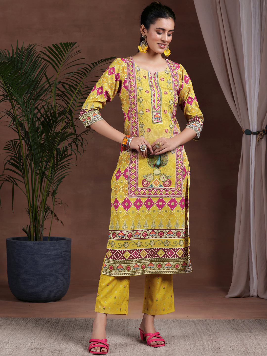 Mustard Printed Poly Crepe Straight Kurta Set