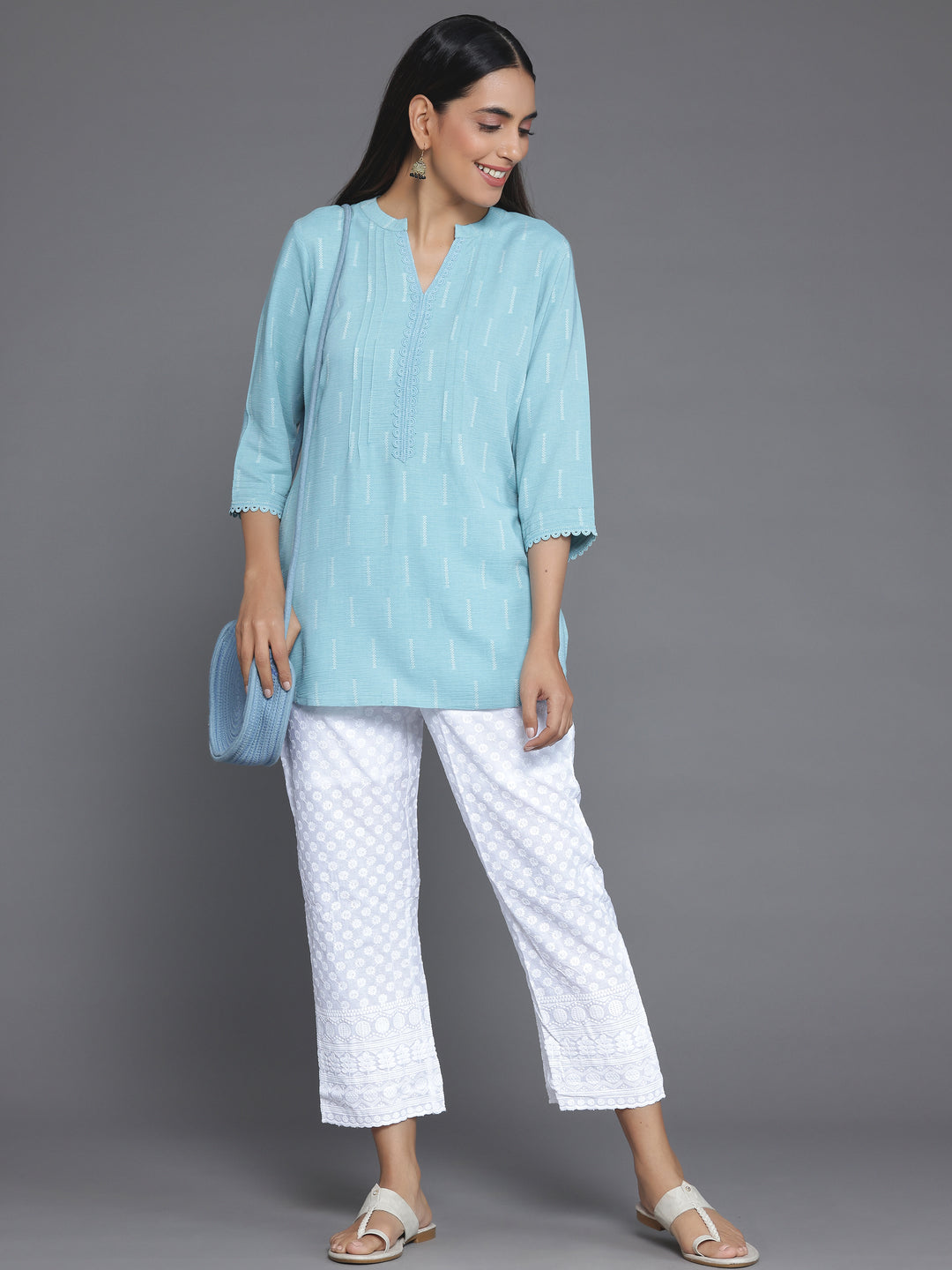 Blue Woven Design Cotton Blend Straight Kurti