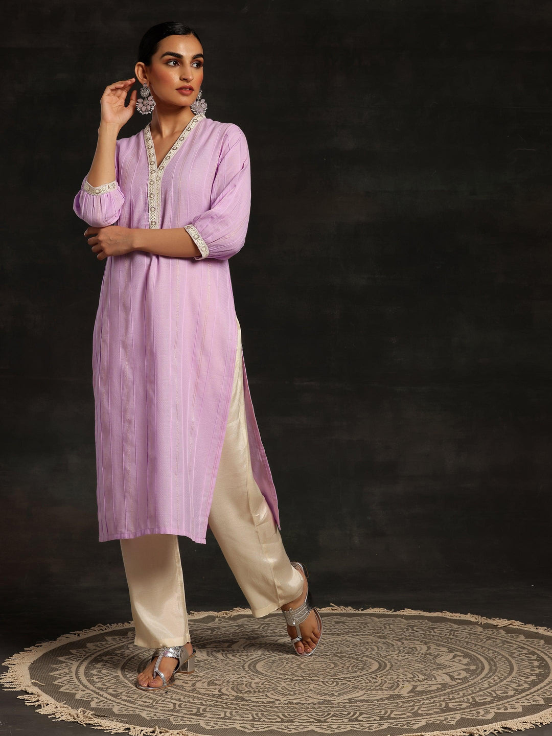 Purple Woven Design Cotton Straight Kurta - ShopLibas