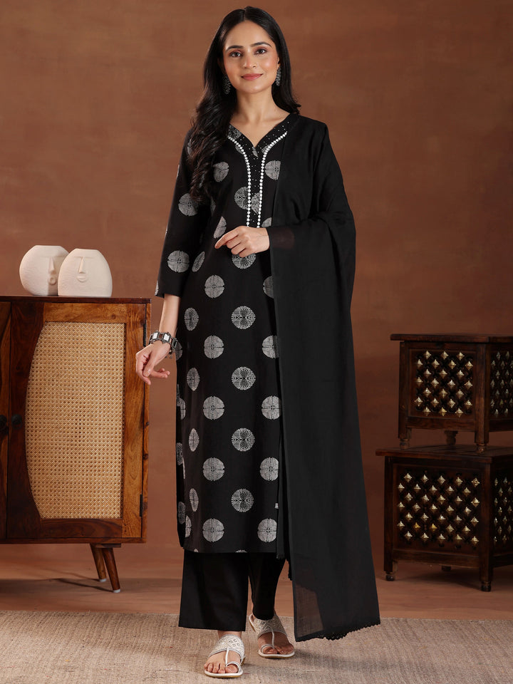 Black Printed Cotton Straight Suit With Dupatta