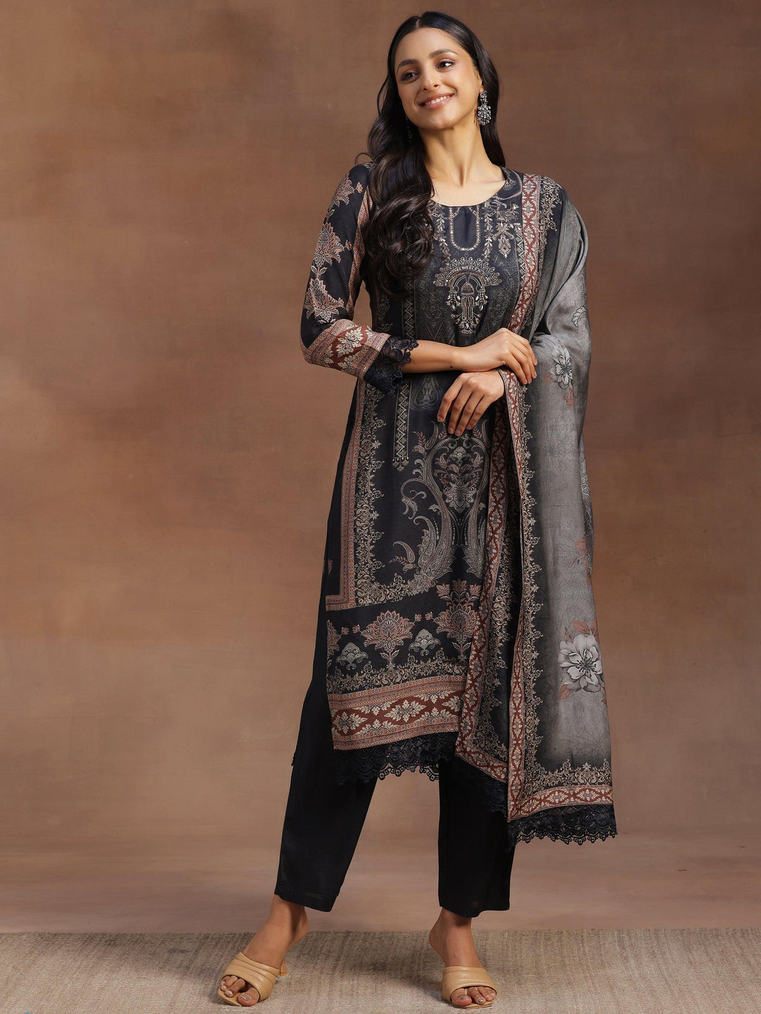 Grey Printed Silk Blend Straight Suit With Dupatta