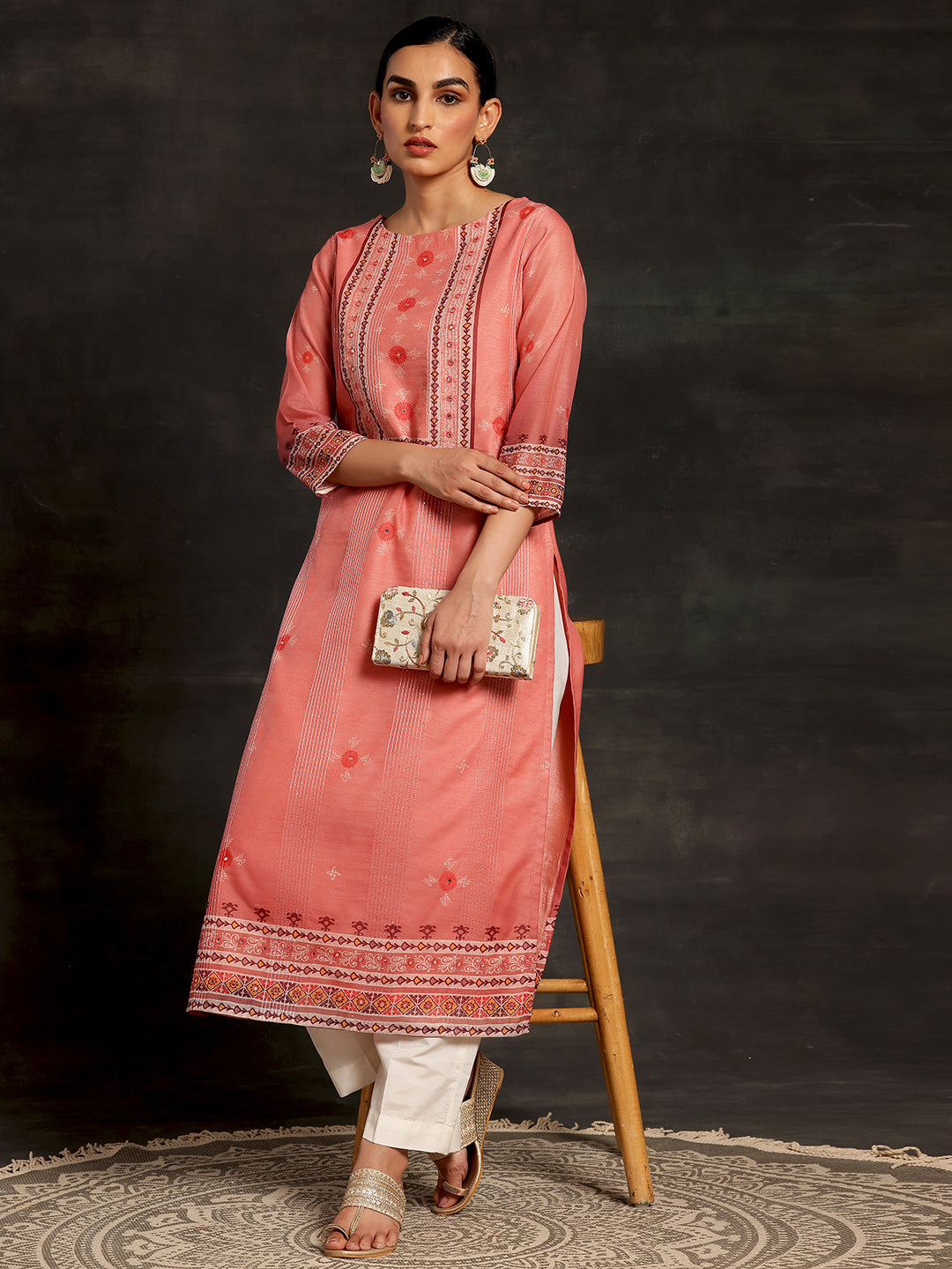 Pink Embellished Chanderi Silk Straight Kurta