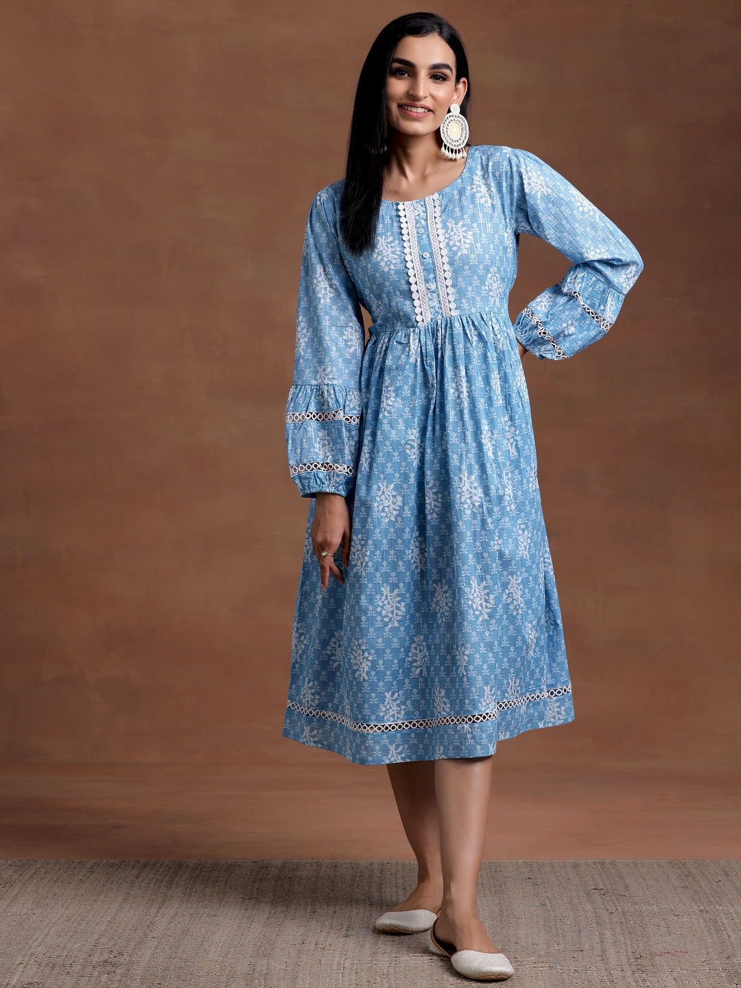 Blue Printed Cotton Fit and Flare Dress