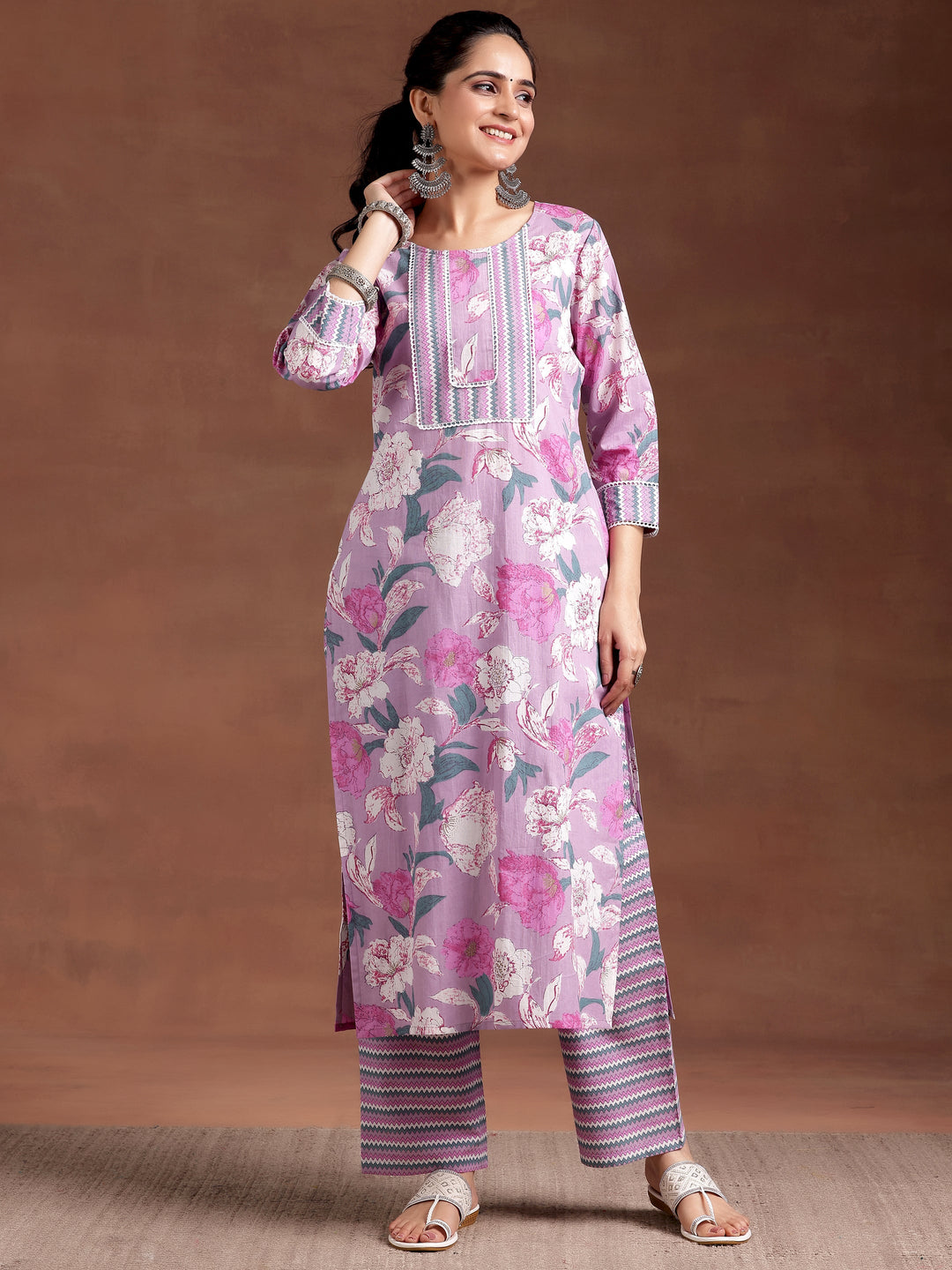 Lavender Printed Cotton Straight Kurta Set