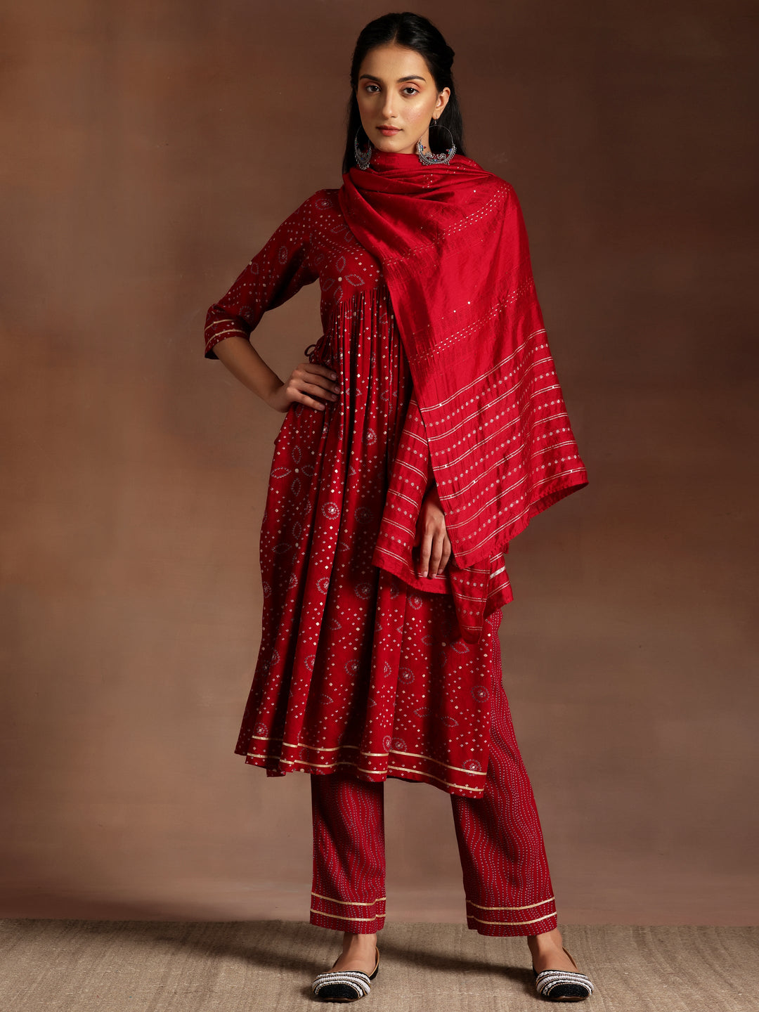 Sitara Red Printed Rayon A-Line Kurta With Palazzos & Dupatta